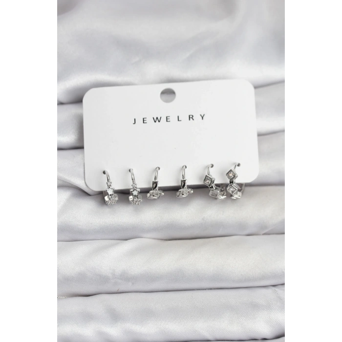 Erb Gümüş Renk Pirinç Yıldız Modelli Kadın Küpe Seti