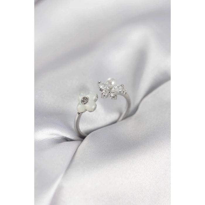 Erb Gümüş Renk Sedefli Çiçek Model Kadın Yüzük