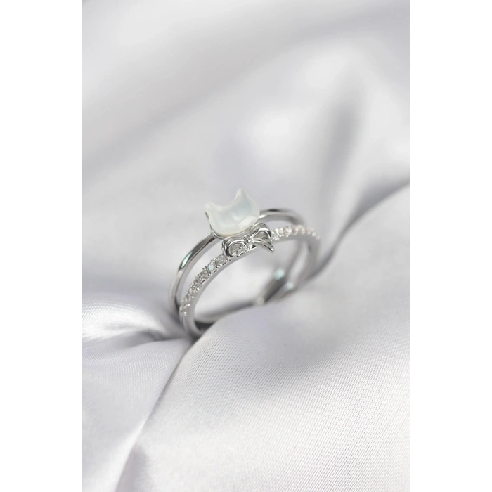 Erb Gümüş Renk Sedefli Kedi Model Fiyonklu Zirkon Taşlı Kadın Yüzük