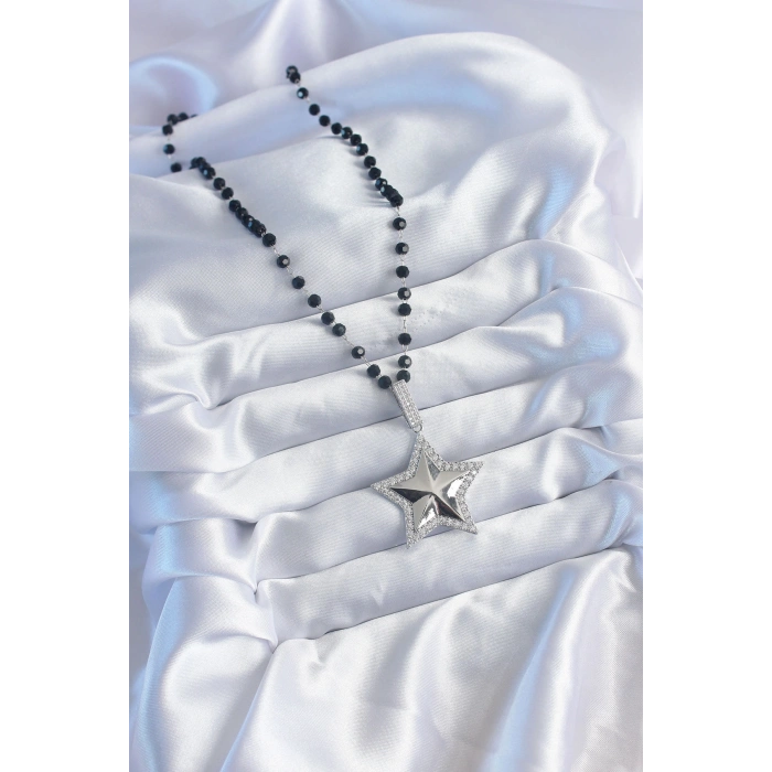 Erb Gümüş Renk Siyah Boncuk Zirkon Taşlı Pirinç Yıldız Model VİP Seri Kadın Kolye
