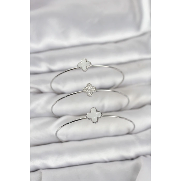 Erb Gümüş Renk Yonca Model Zirkon Taşlı 3'lü Kadın Bileklik Kombini