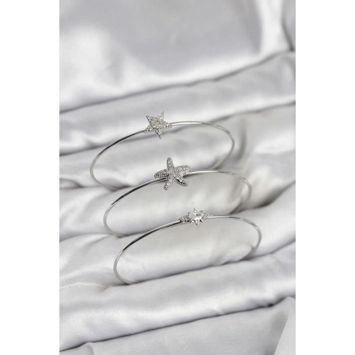 Erb Gümüş Renk Zirkon Taşlı Deniz Yıldızı Model 3'lü Kadın Bileklik Kombini