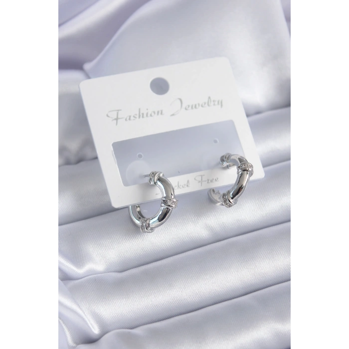 Erb Gümüş Renk Zirkon Taşlı Halka Model Pirinç Kadın Küpe