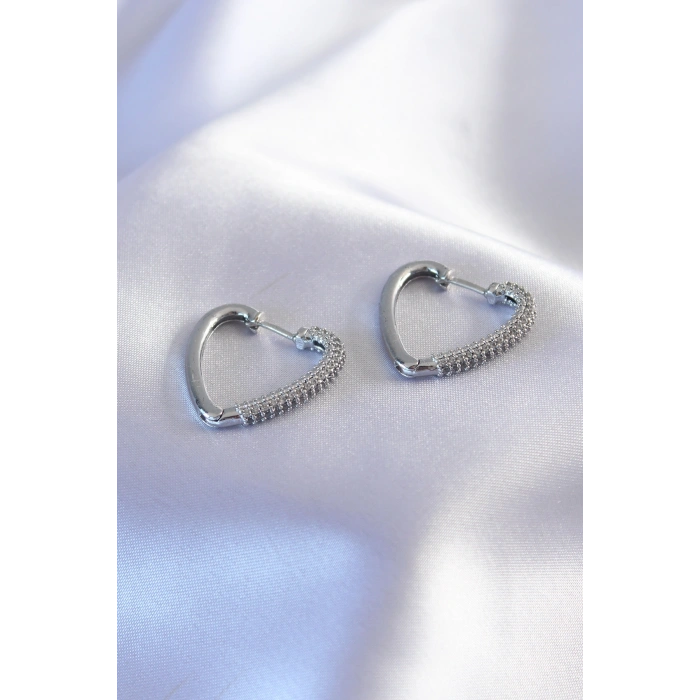 Erb Gümüş Renk Zirkon Taşlı Kalp Model Kadın Küpe