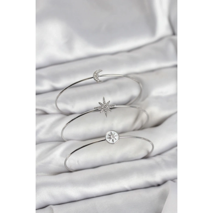 Erb Gümüş Renk Zirkon Taşlı Kutup Yıldızı Model 3'lü Kadın Bileklik Kombini