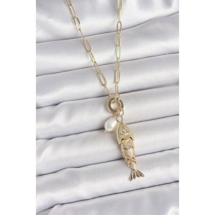 Erb İnci Detaylı Zirkon Taşlı Balık Figürlü Gold Renk Pirinç Kolye