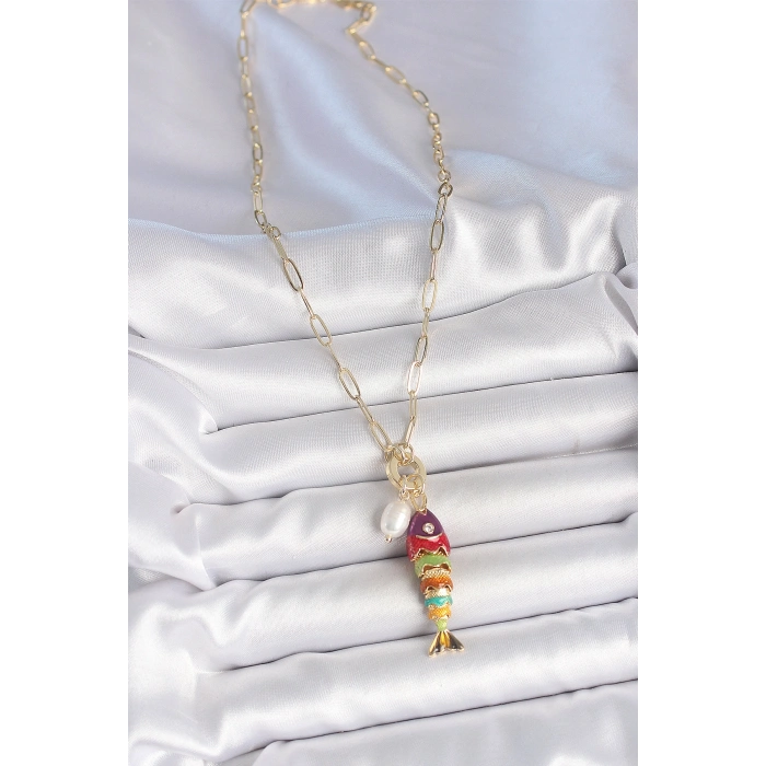 Erb İnci Detaylı Zirkon Taşlı Rainbow Balık Figürlü Gold Renk Pirinç Kolye