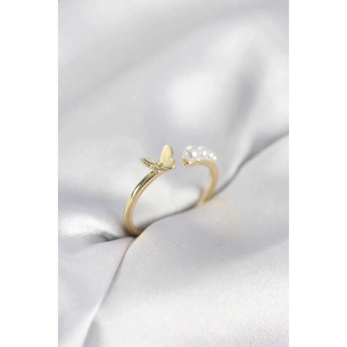 Erb İncili Kelebek Model Gold Renk Pirinç Kadın Yüzük