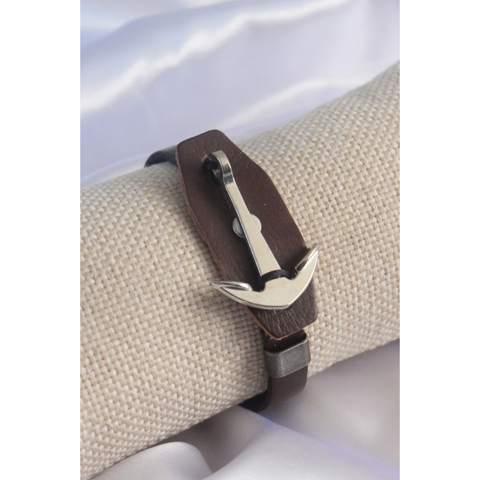 Erb Kahverengi Deri Model Gümüş Renk Çapa Figür Erkek Bileklik