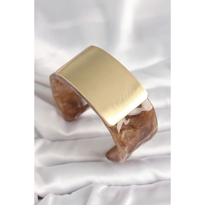 Erb Kahverengi Mermer Desen Akrilik Platik Gold Dikdörtgen Plaka Model Vintage Kadın Bilezik