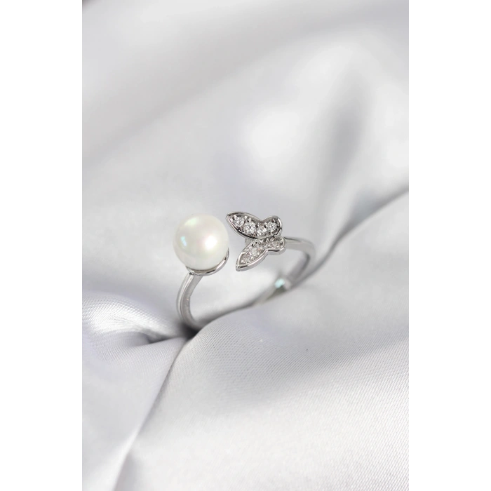 Erb Kelebek İncili Model Gümüş Renk Zirkon Taşlı Kadın Yüzük