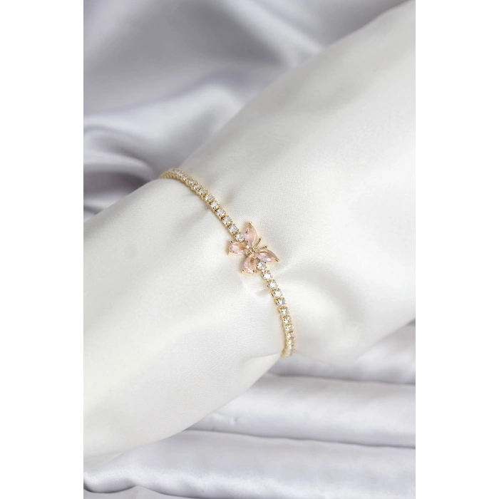 Erb Kelebek Model Zirkon Taşlı Gold Renk Pirinç Su Yolu Kadın Bileklik
