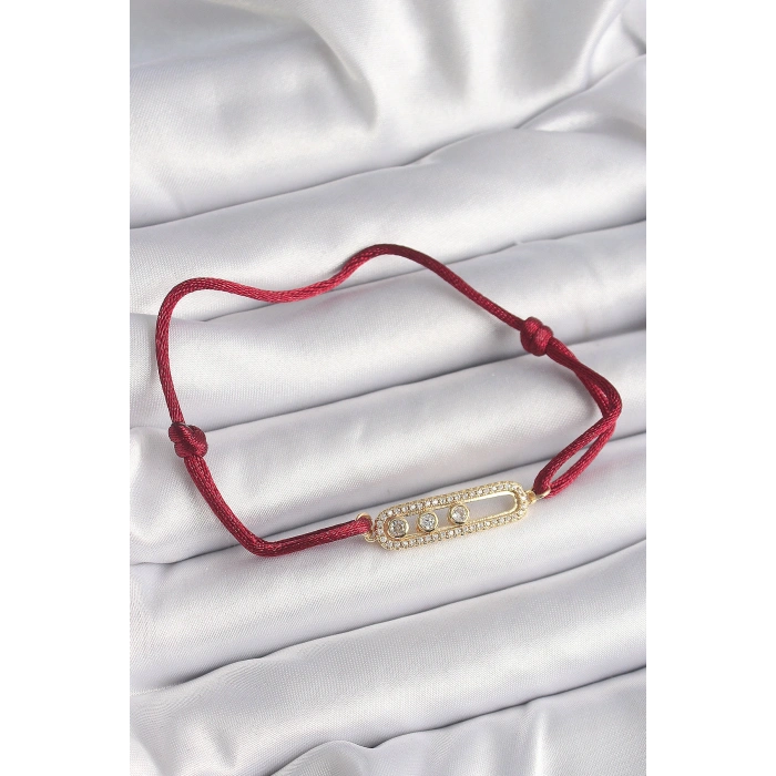 Erb Kırmızı İpli Asansörlü Zirkon Taşlı Gold Messika Model Kadın Bileklik