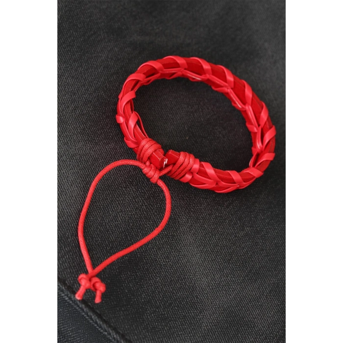 Erb Kırmızı Örgü Deri Erkek Bileklik