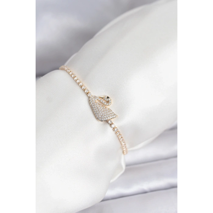 Erb Kuğu Model Zirkon Taşlı Gold Renk Asansörlü Su Yolu Bileklik