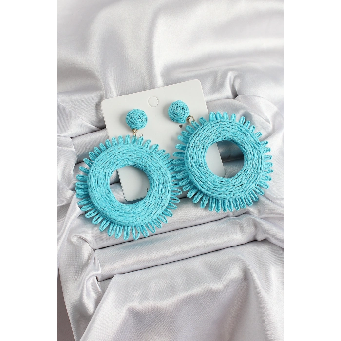 Erb Mavi Püsküllü Halka Figürlü Hasır Örgü Model Gold Renk Kadın Küpe