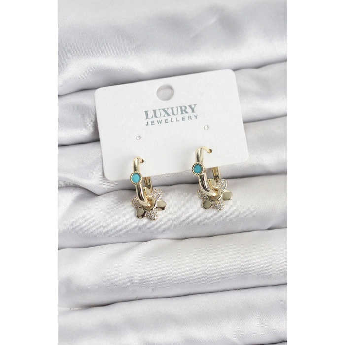 Erb Mavi Taş Detaylı Pirinç Gold Renk Kadın Göçmen Küpesi