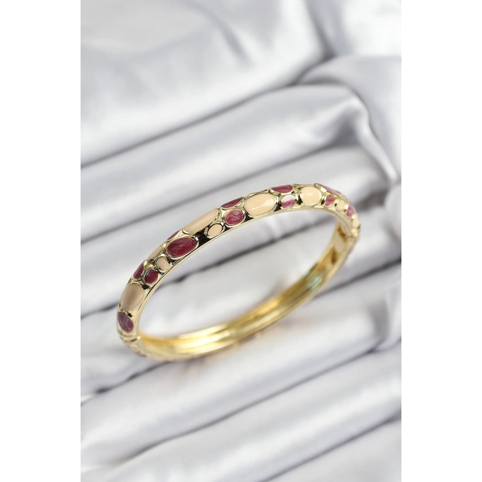 Erb Mineli Pirinç Fuşya Ve Krem Petek Motifli Gold Renk Kadın Kelepçe