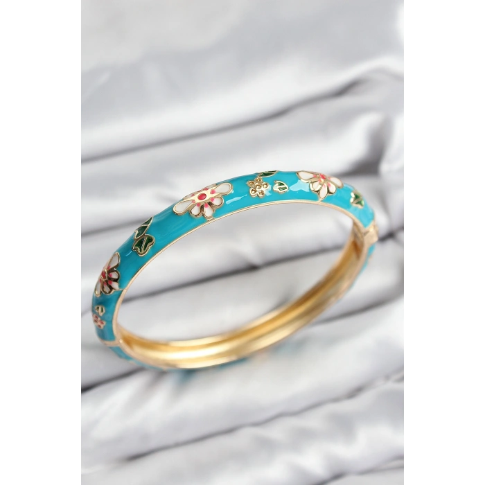 Erb Mineli Pirinç Mavi Çiçek Motifli Gold Kadın Kelepçe