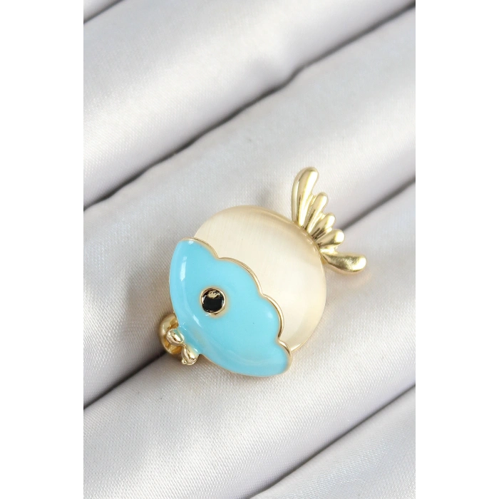Erb Mineli Turkuaz Ve Krem Balık Figürlü Gold Renk Kadın Broş
