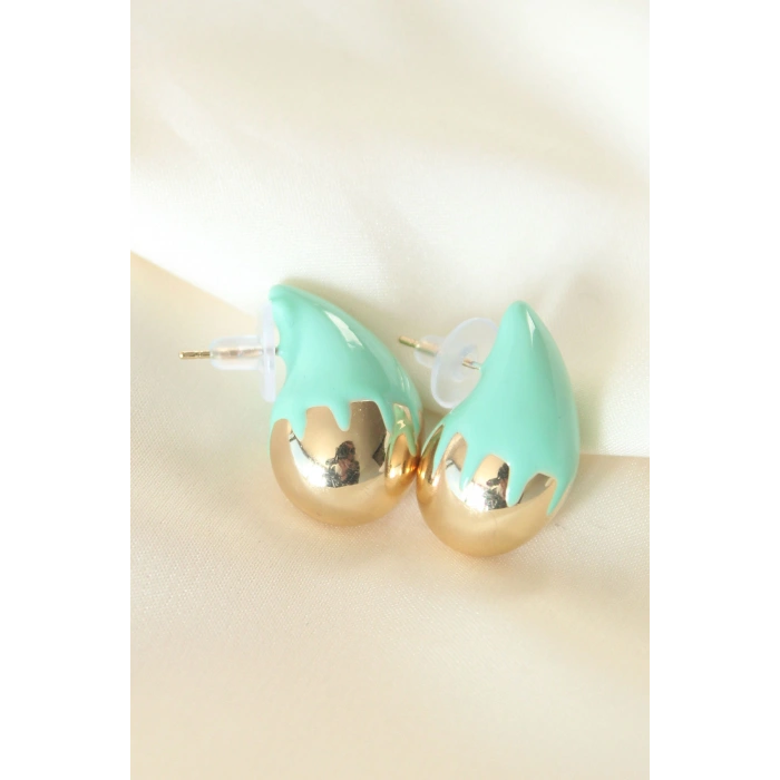 Erb Minimal Turkuaz Mineli Çift Renk Damla Küpe