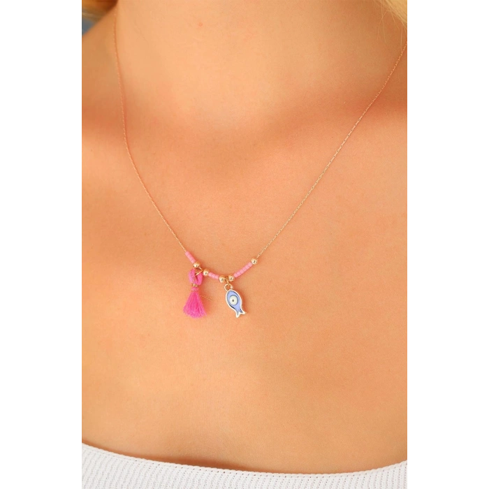 Erb Nazar Boncuklu Pembe Renk Taşlı Rose Bayan Kolye