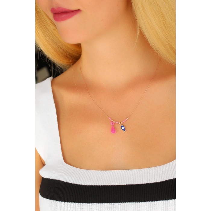 Erb Nazar Boncuklu Pembe Renk Taşlı Rose Bayan Kolye