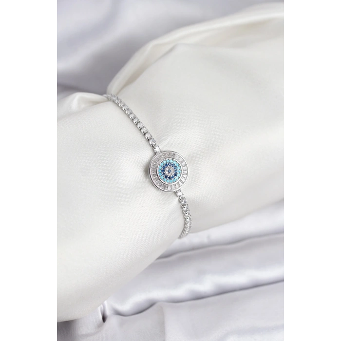 Erb Nazar Model Zirkon Taşlı Gümüş Renk Asansörlü Su Yolu Bileklik