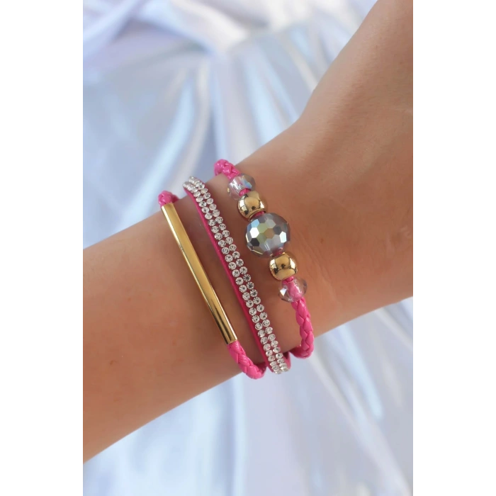 Erb Pembe Renk Zirkon Taşlı Deri Çoklu Bileklik