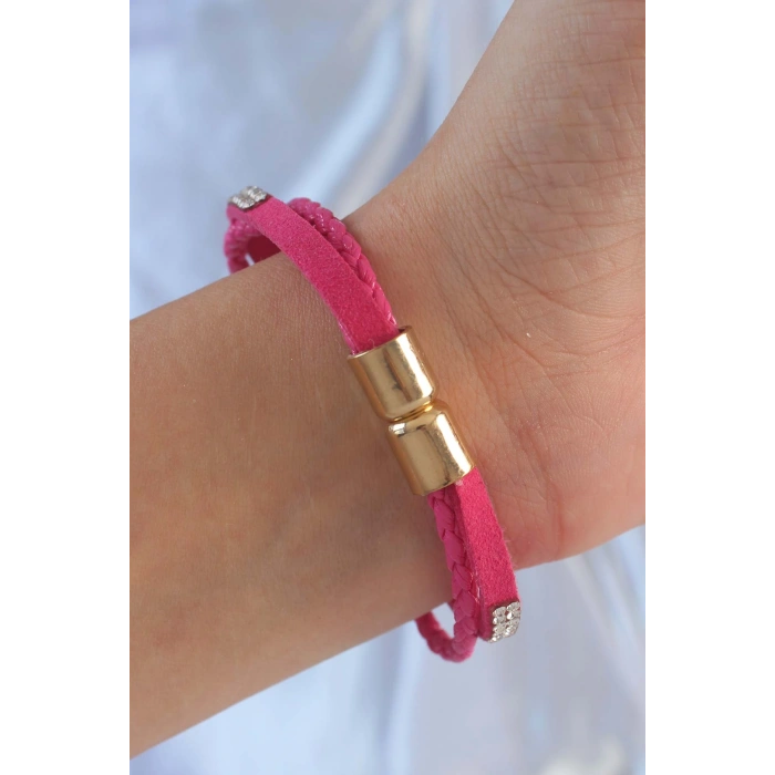 Erb Pembe Renk Zirkon Taşlı Deri Çoklu Bileklik