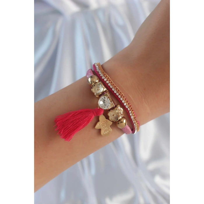 Erb Pembe Renk Zirkon Taşlı Püskül Detay Deri Çoklu Bileklik