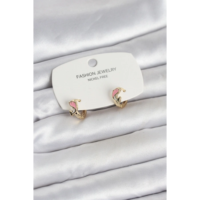 Erb Pembe Yunus Balığı Model Gold Renk Pirinç Çocuk Küpe