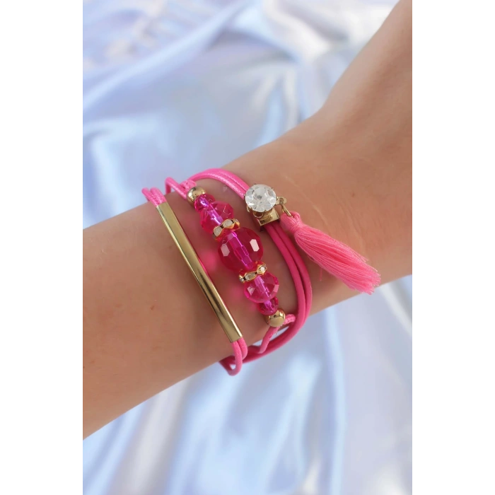 Erb Pembe Zirkon Taşlı İpli Püskül Detay Çoklu Bileklik