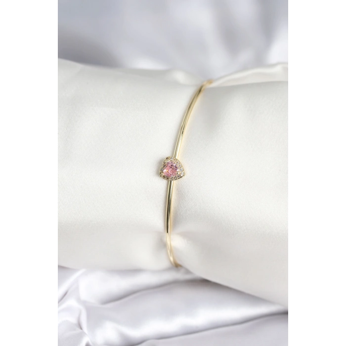 Erb Pembe Zirkon Taşlı Kalp Model Gold Renk Kadın Bileklik