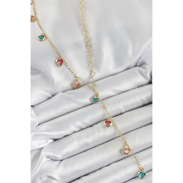 Erb Pirinç Asorti Kalp Model Gold Renk Zirkon Taşlı Y Kolye