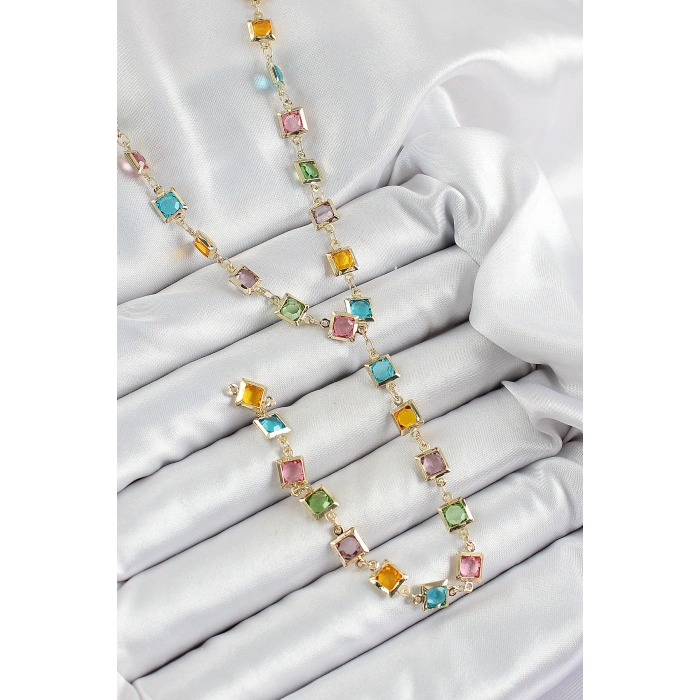 Erb Pirinç Asorti Kare Model Gold Renk Zirkon Taşlı Y Kolye