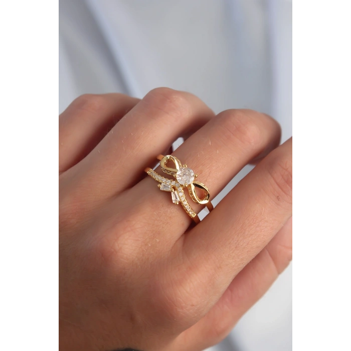 Erb Pirinç Ayarlamalı Gold Renk Zirkon Taşlı 2li Görünüm Fiyonk Yüzük