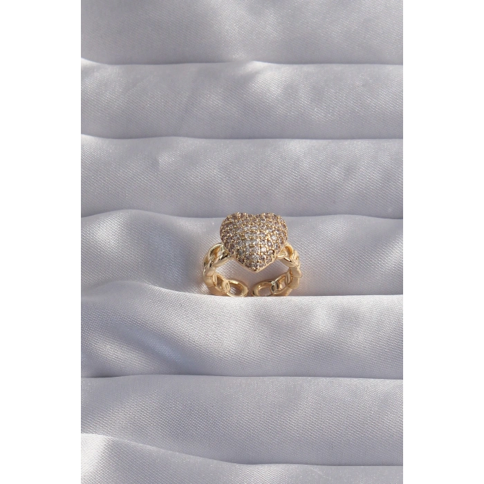 Erb Pirinç Ayarlamalı Gold Renk Zirkon Taşlı Bombeli Kalp Yüzük