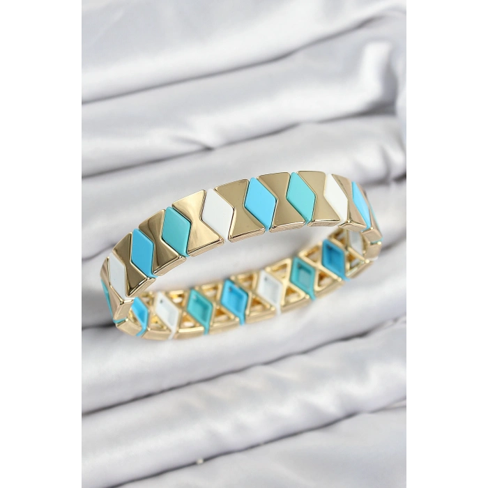 Erb Pirinç Baklava Desenli Mavi Beyaz Gold Renk Lastikli Kadın Bileklik