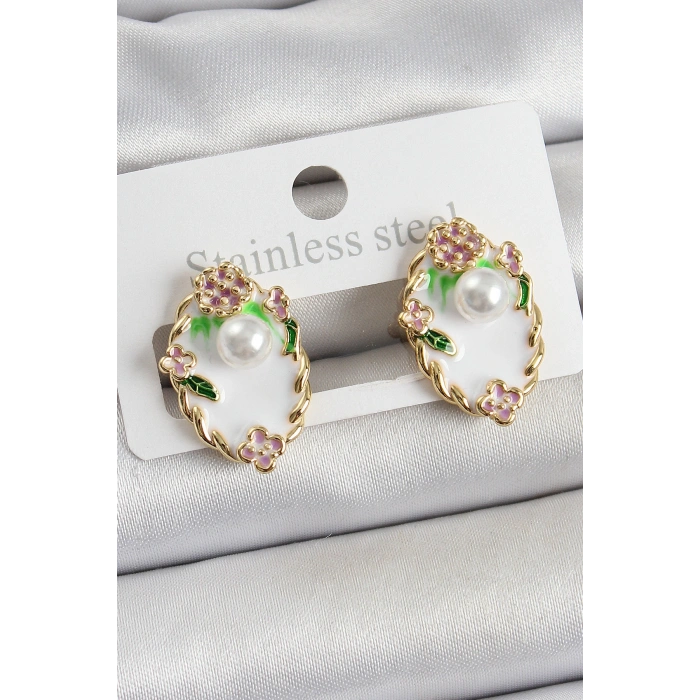 Erb Pirinç Beyaz Mineli İnci Detaylı Sanatsal Portre Model Gold Renk Kadın Küpe