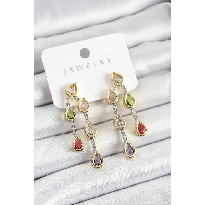 Erb Pirinç Çoklu Damla Model Karşık Zirkon Taşlı Gold Ve Gümüş Renk Kadın Küpe