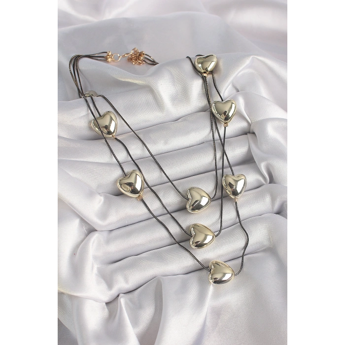 Erb Pirinç Füme Renk Zincir 3D Gold Renk Kalp Model Kadın Kolye
