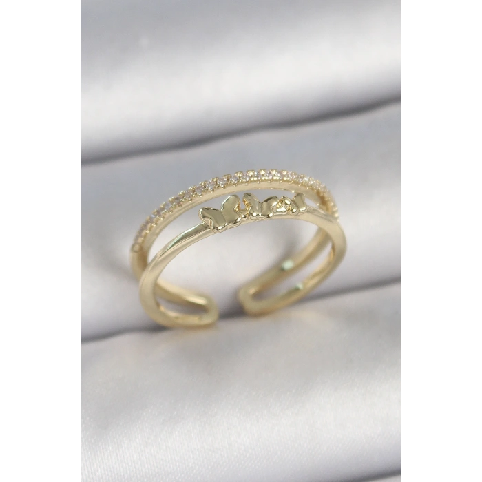 Erb Pirinç Gold Renk 2'Li Sıra Zirkon Taş Detaylı Kelebek Figürlü Ayarlanabilir Model Kadın Yüzük