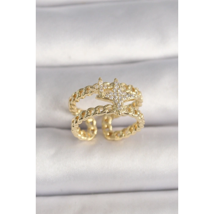 Erb Pirinç Gold Renk 2'Li Zincir Zirkon Taşlı Yıldız Figür Kadın Yüzük