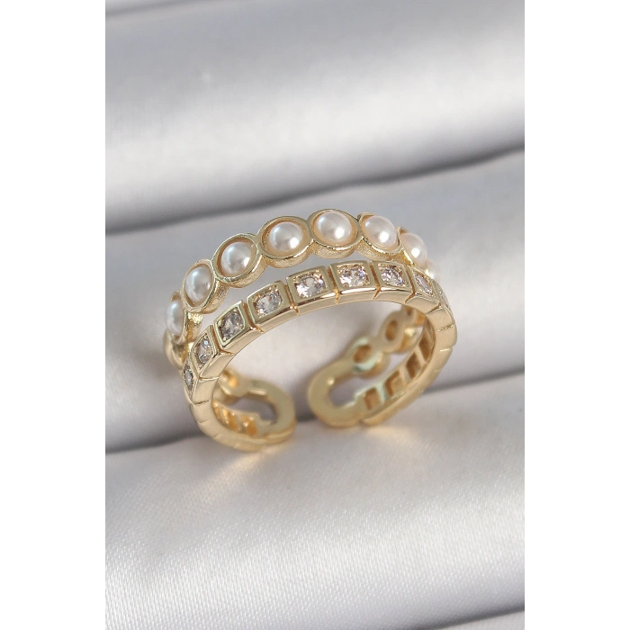 Erb Pirinç Gold Renk 2'Li Zirkon Taşlı Ve İncili Ayarlanabilir Kadın Yüzük