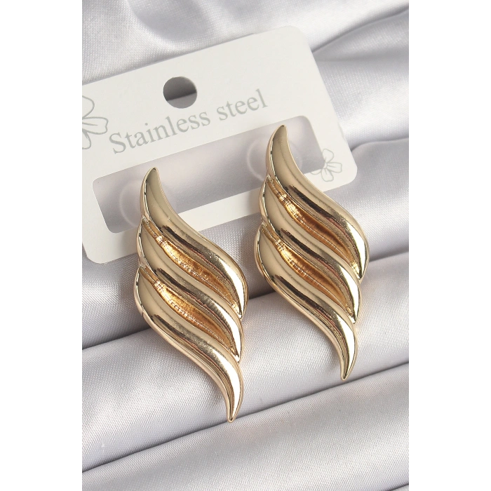 Erb Pirinç Gold Renk 3 Sıra Dalga Model Kadın Küpe