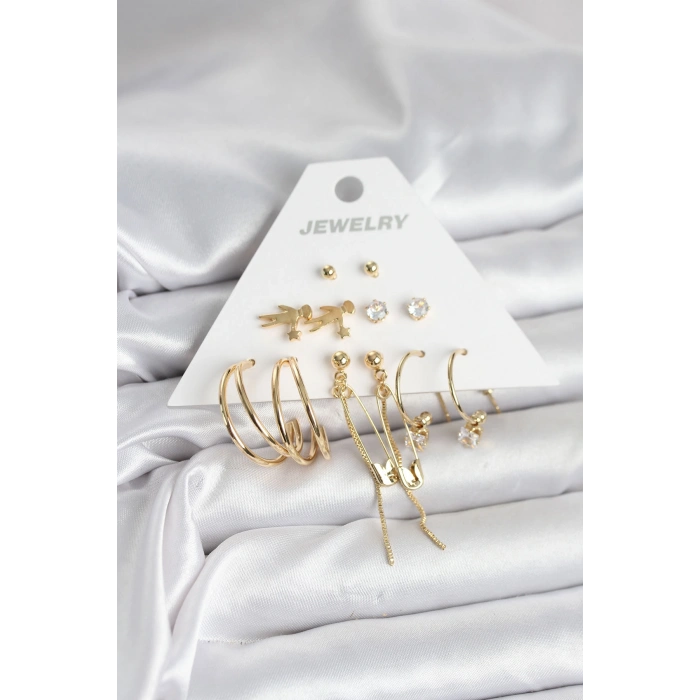 Erb Pirinç Gold Renk 6 Çiftli Kadın Küpe Seti