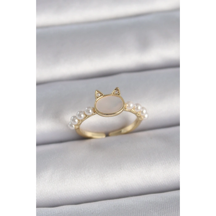 Erb Pirinç Gold Renk Ayarlanabilir Beyaz Mineli Kedi Model İnci Detay Kadın Yüzük