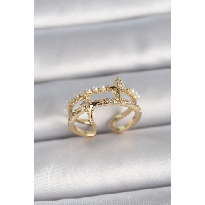 Erb Pirinç Gold Renk Ayarlanabilir Zirkon Taşlı İncili Yıldız Model Kadın Yüzük