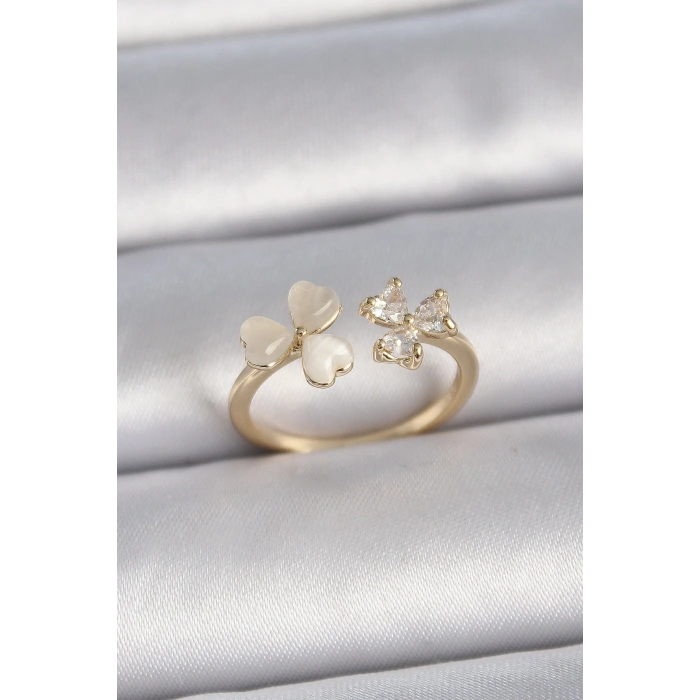 Erb Pirinç Gold Renk Ayarlanabilir Zirkon Taşlı Kalp Beyaz Mineli Model Kadın Yüzük